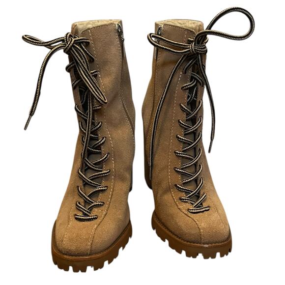 Schutz Naina Suede Boots Tan Sherpa Lined Lace Up Heeled Booties Lug Sole Size 8 - Picture 2 of 12